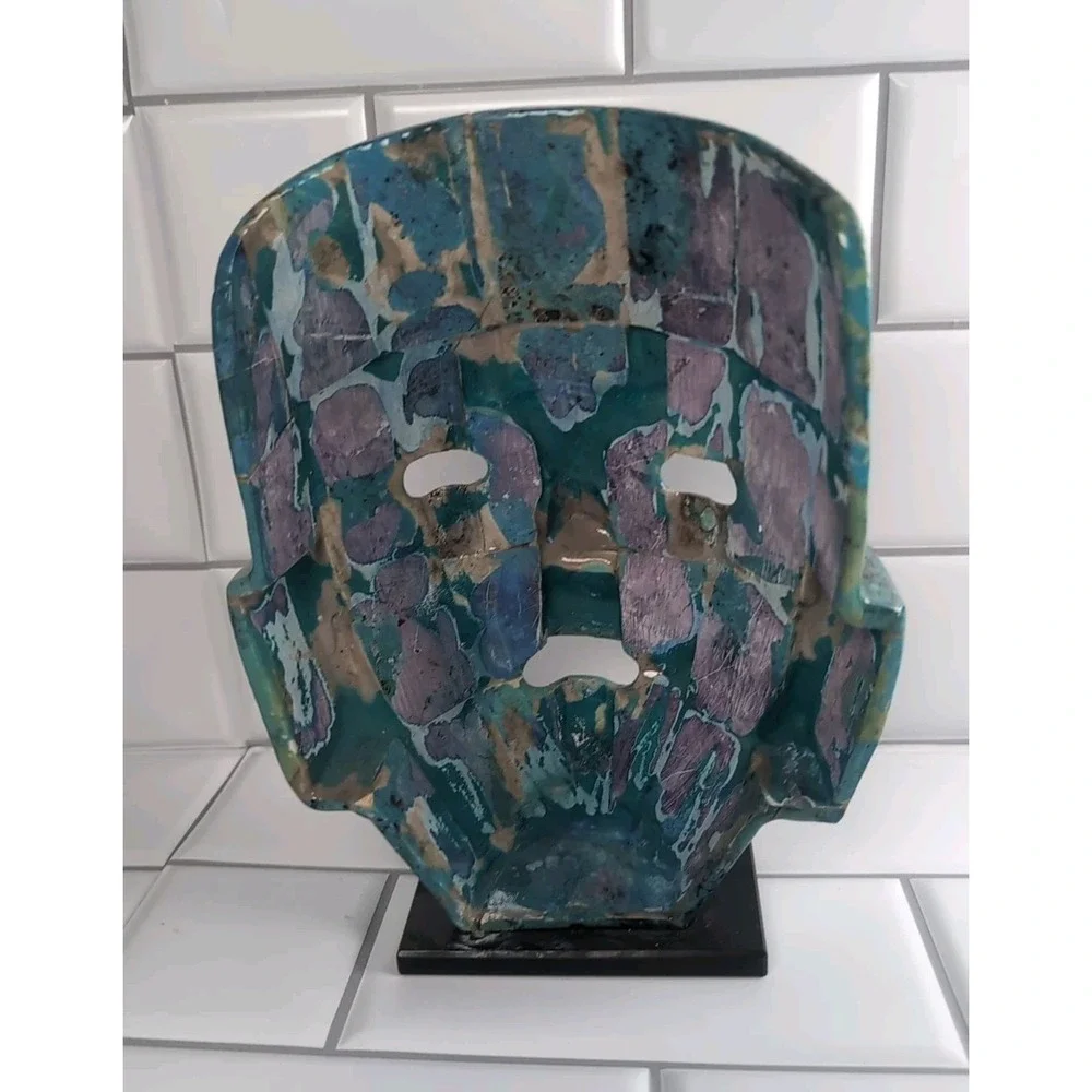 Vintage Art Sculpture Abalone Shell Pearl Mayan/Aztec Mask Blue Turquoise Displa